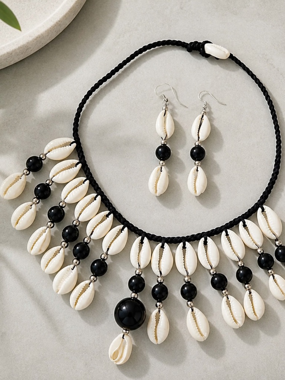 Cowrie Shell Necklace/ Earring Set (black & white)